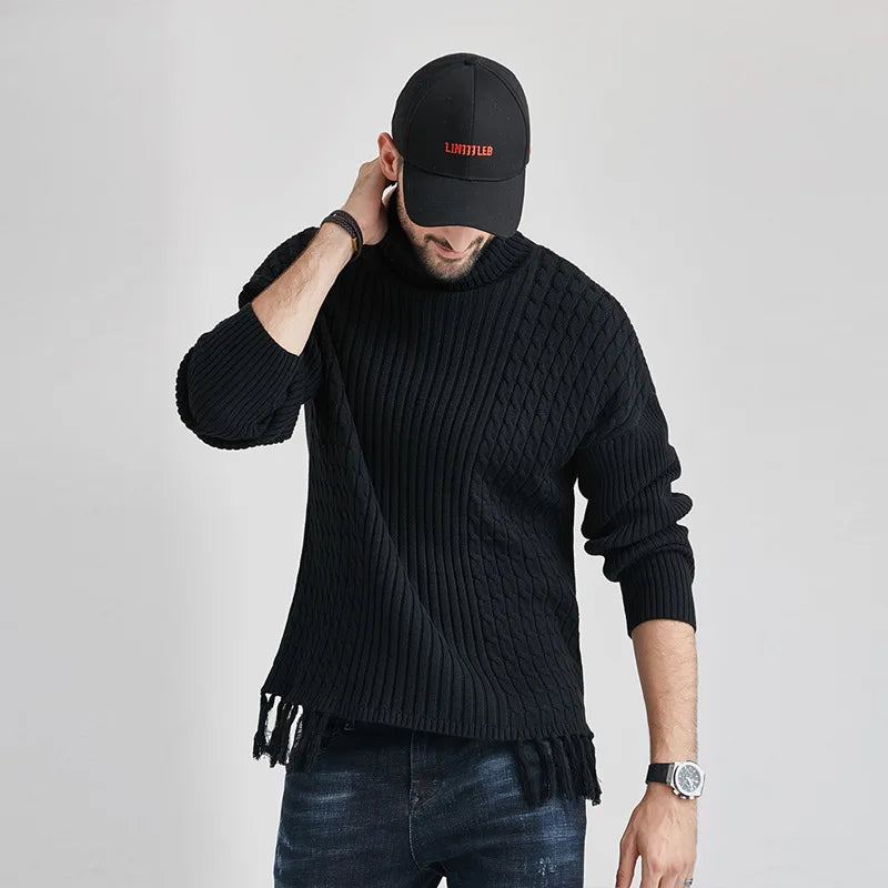 Pull Torsadé Col Haut Pour Hommes Européens Et Américains Chaud À Manches Longues Joli Pop - Noir