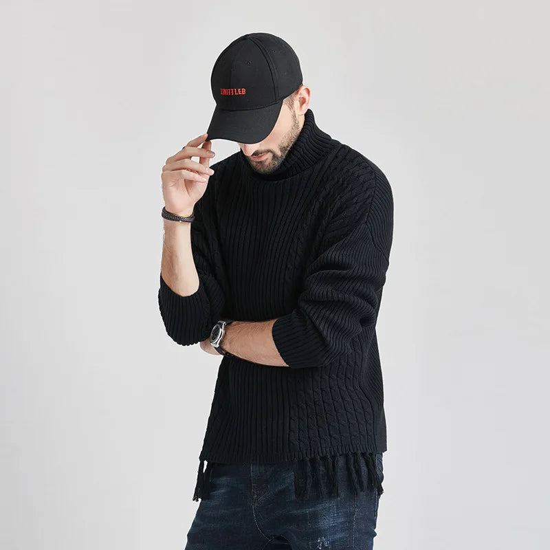 Pull Torsadé Col Haut Pour Hommes Européens Et Américains Chaud À Manches Longues Joli Pop - Noir