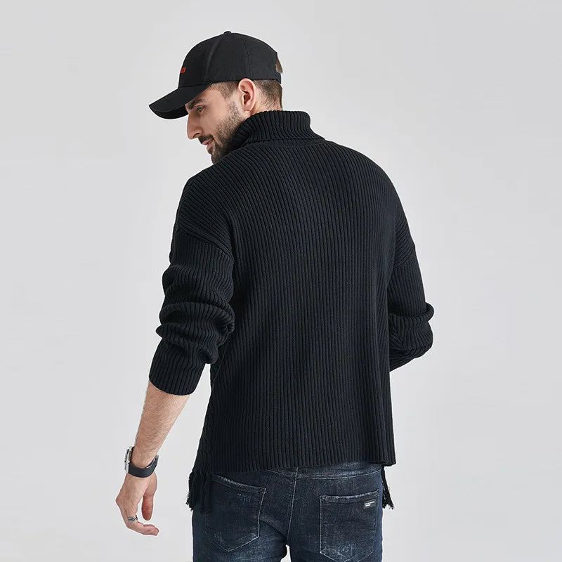 Pull Torsadé Col Haut Pour Hommes Européens Et Américains Chaud À Manches Longues Joli Pop - Noir