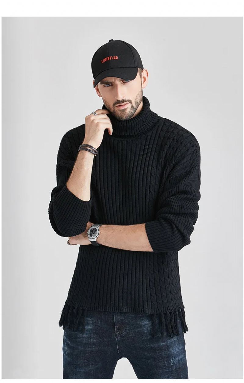 Pull Torsadé Col Haut Pour Hommes Européens Et Américains Chaud À Manches Longues Joli Pop - Noir