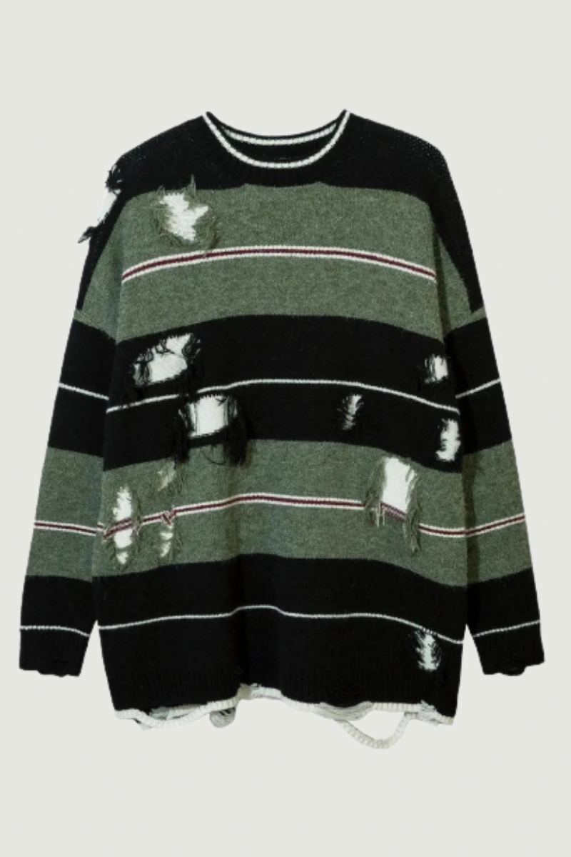 Pull En Tricot Ajouré À Rayures Et Trous Streetwear Surdimensionné Ample Automne