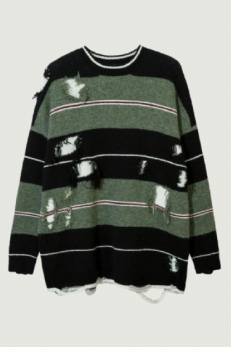 Pull En Tricot Ajouré À Rayures Et Trous Streetwear Surdimensionné Ample Automne