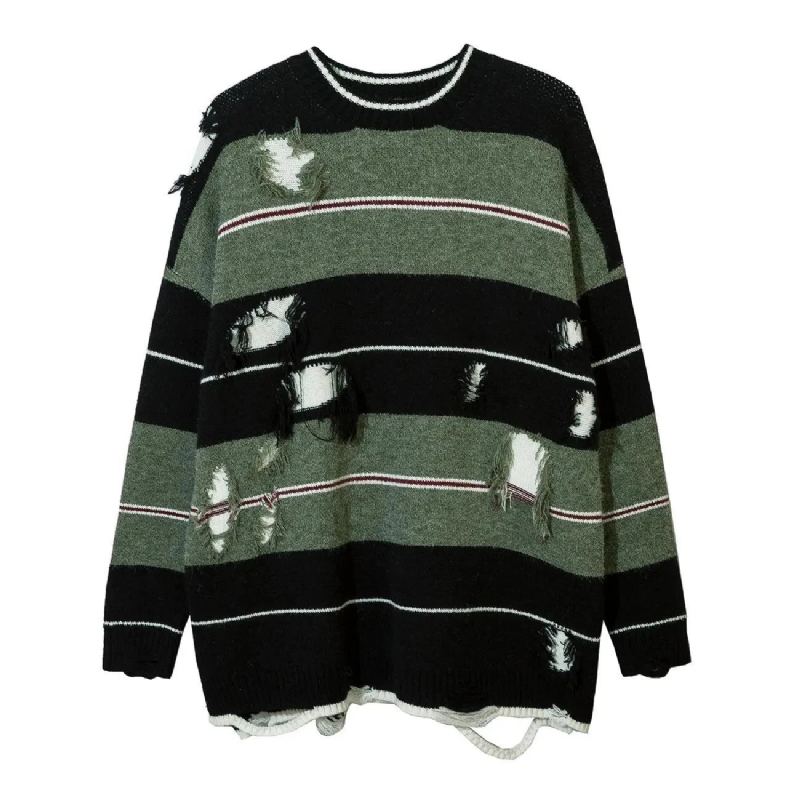 Pull En Tricot Ajouré À Rayures Et Trous Streetwear Surdimensionné Ample Automne - Matchagreen