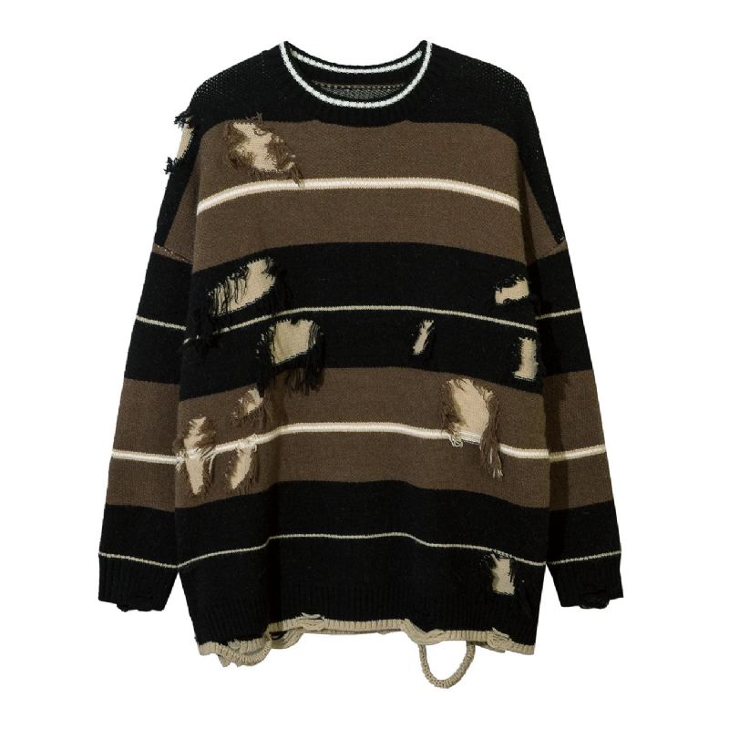 Pull En Tricot Ajouré À Rayures Et Trous Streetwear Surdimensionné Ample Automne - Matchagreen