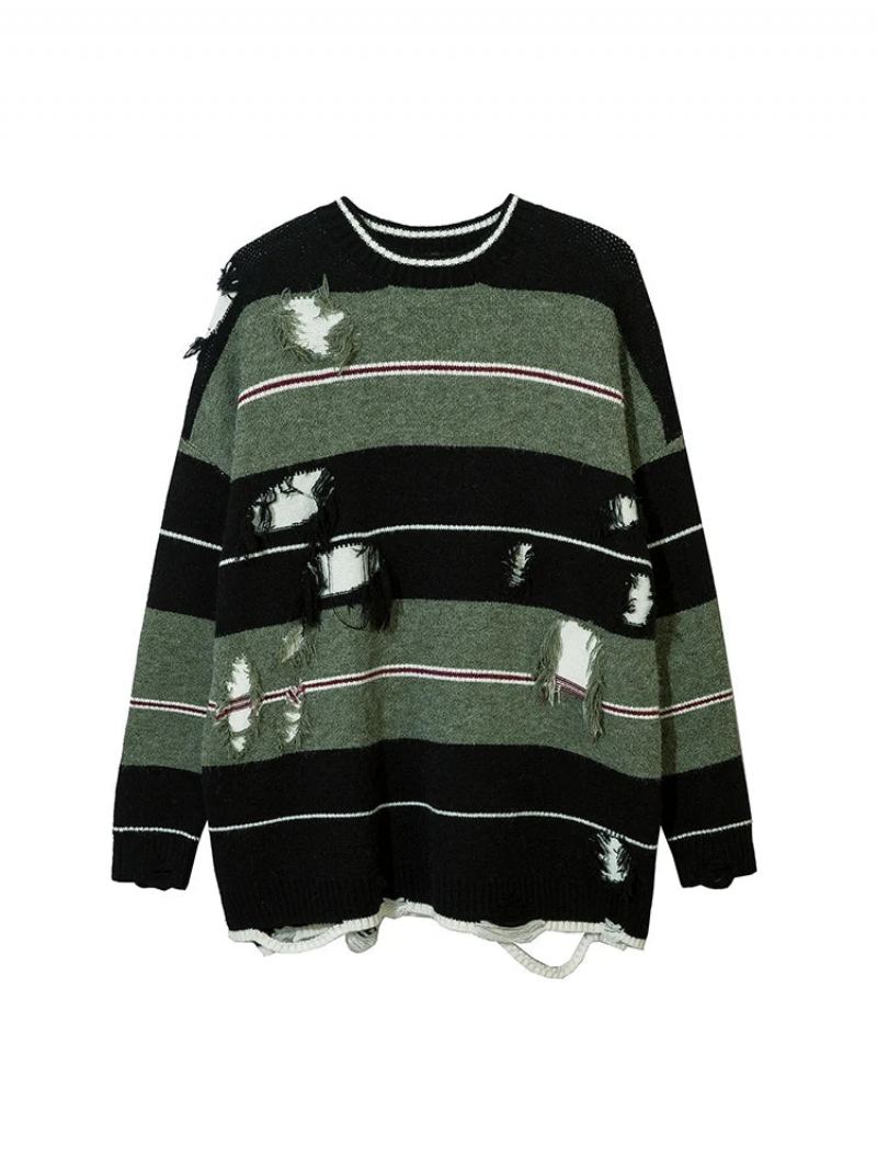 Pull En Tricot Ajouré À Rayures Et Trous Streetwear Surdimensionné Ample Automne - Matchagreen