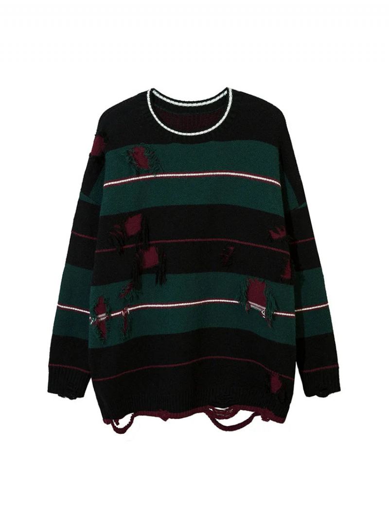 Pull En Tricot Ajouré À Rayures Et Trous Streetwear Surdimensionné Ample Automne - Matchagreen