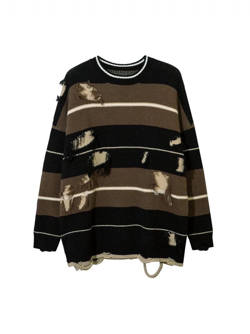 Pull En Tricot Ajouré À Rayures Et Trous Streetwear Surdimensionné Ample Automne - Matchagreen