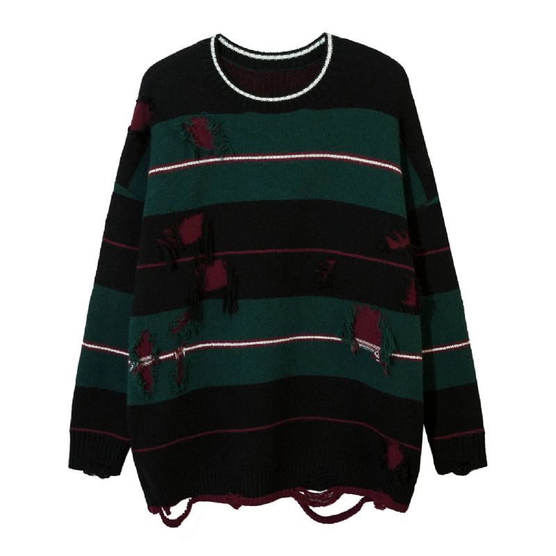 Pull En Tricot Ajouré À Rayures Et Trous Streetwear Surdimensionné Ample Automne - Matchagreen