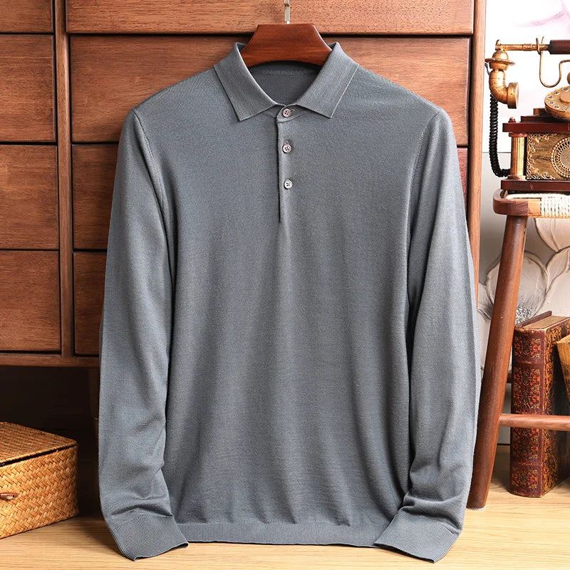 Pull En Tricot À Col Polo Pour Hommes Automne Solide Affaires Décontracté Pulls En De Laine - Gris