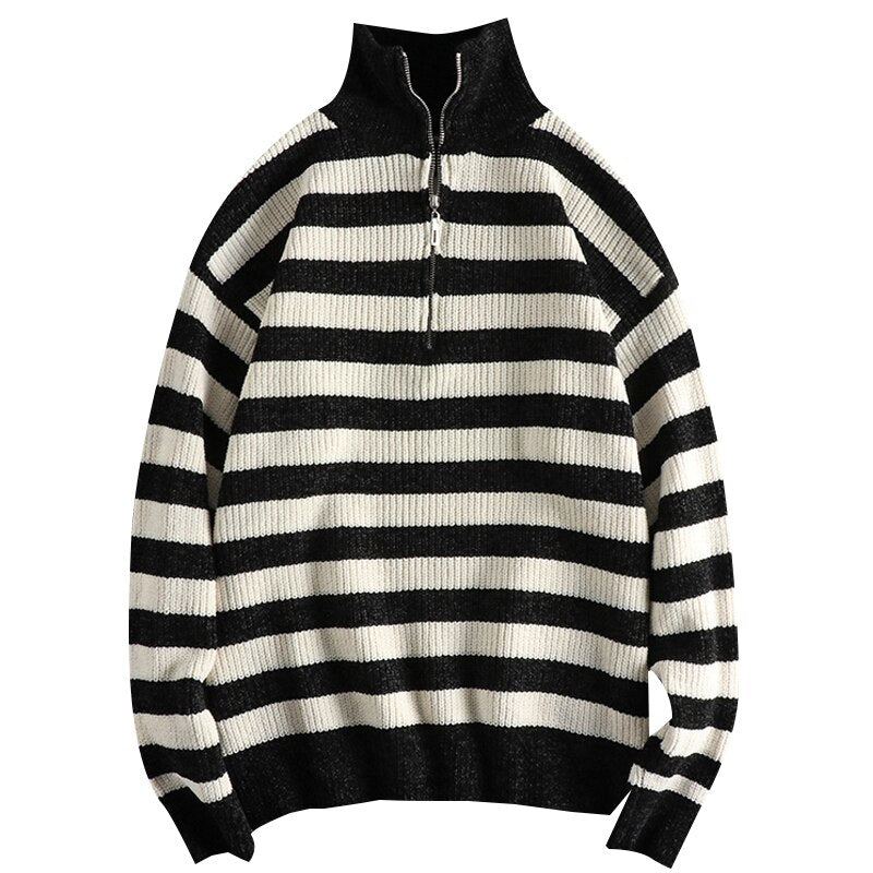 Pull En Tricot Doux Cireux Chaud Et Paresseux Pour Hommes Motif À Rayures Contrastées Ample Col Mi-haut - Noir