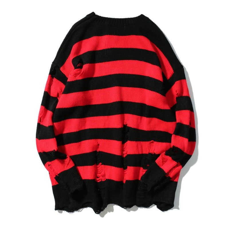 Pull En Tricot À Rayures Déchirées Pour Hommes Style Hip Hop Décontracté Ample À Manches Longues Rouge Et Noir - Rouge