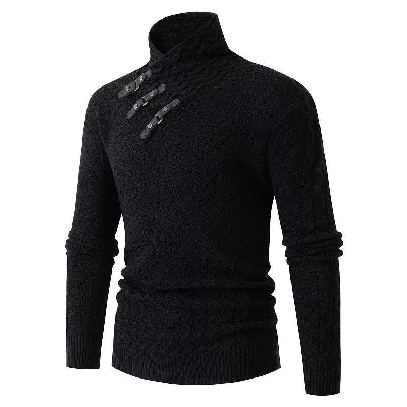 Pull En Tricot Slim Décontracté Pour Hommes À Manches Longues Et Col Écharpe Automne Et Hiver - Noir