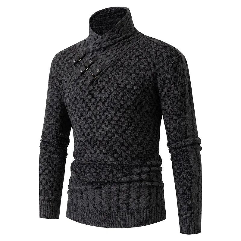 Pull En Tricot Slim Décontracté Pour Hommes À Manches Longues Et Col Écharpe Automne Et Hiver - Noir