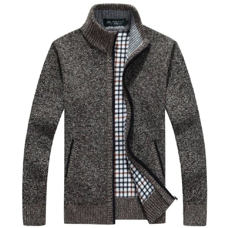 Pull Tricoté Épais Pour Homme Manteau Cardigan Blanc Cassé Polaire Vêtements Décontractés L'automne Hiver - Noir