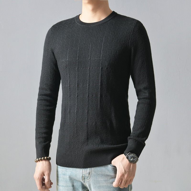 Pull Tricoté À Manches Longues Et Col Rond Pour Homme Vêtement Décontracté Fin Basique Slim Simple De Haute Qualité - Noir