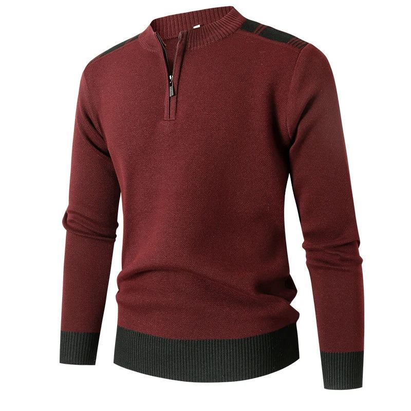 Pull Tricoté Pulls Hommes Mince Fermeture Éclair Col Montant Tricots Casual Solide Vêtements - Rouge