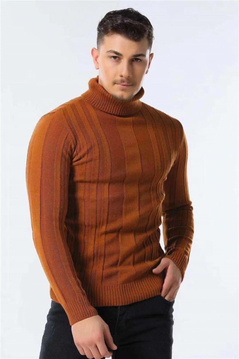 Pulls À Col Roulé Pour Hommes Coupe Cintrée Décontracté Basique Couleur Unie Chaud Rayé Nouvelle Collection Hiver - Marron