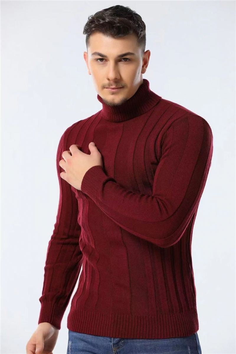 Pulls À Col Roulé Pour Hommes Coupe Cintrée Décontracté Basique Couleur Unie Chaud Rayé Nouvelle Collection Hiver - Marron