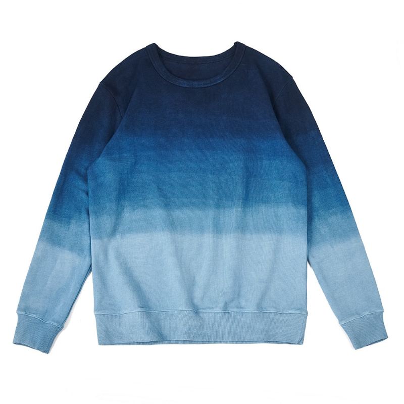 Sweat-shirt Vintage En Coton Peigné Indigo Pour Homme Dégradé Sans Capuche Printemps-automne - Bleu Dégradé