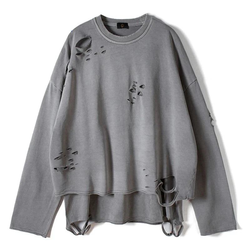 Sweat-shirt Vintage En Coton Streetwear Automne Créatif En Détresse Détruit Trous Déchirés Pull Couverture En Ample - Gris