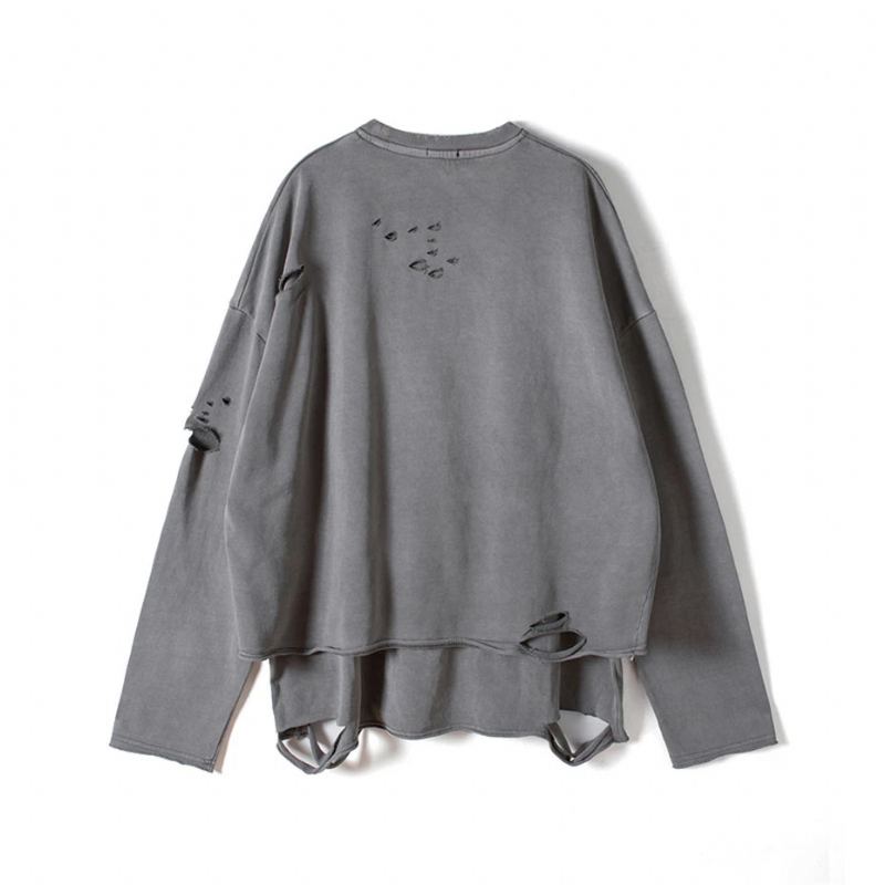 Sweat-shirt Vintage En Coton Streetwear Automne Créatif En Détresse Détruit Trous Déchirés Pull Couverture En Ample - Gris