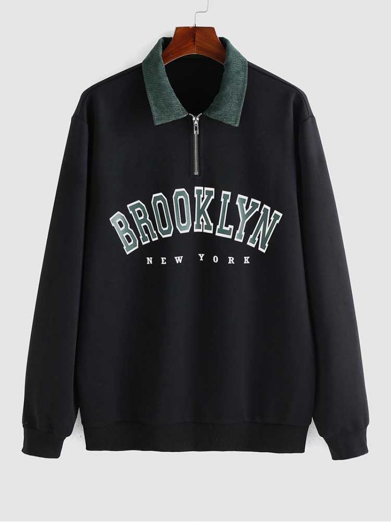 Sweats À Capuche Pour Hommes Lettre Imprimée Demi-fermeture Éclair Sweat-shirt En Velours Côtelé Décontracté Col Rabattu Pull Automne Hiver À - Noir