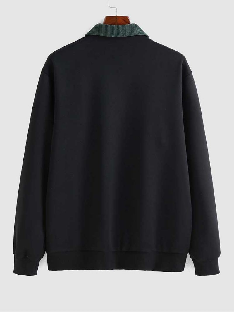 Sweats À Capuche Pour Hommes Lettre Imprimée Demi-fermeture Éclair Sweat-shirt En Velours Côtelé Décontracté Col Rabattu Pull Automne Hiver À - Noir