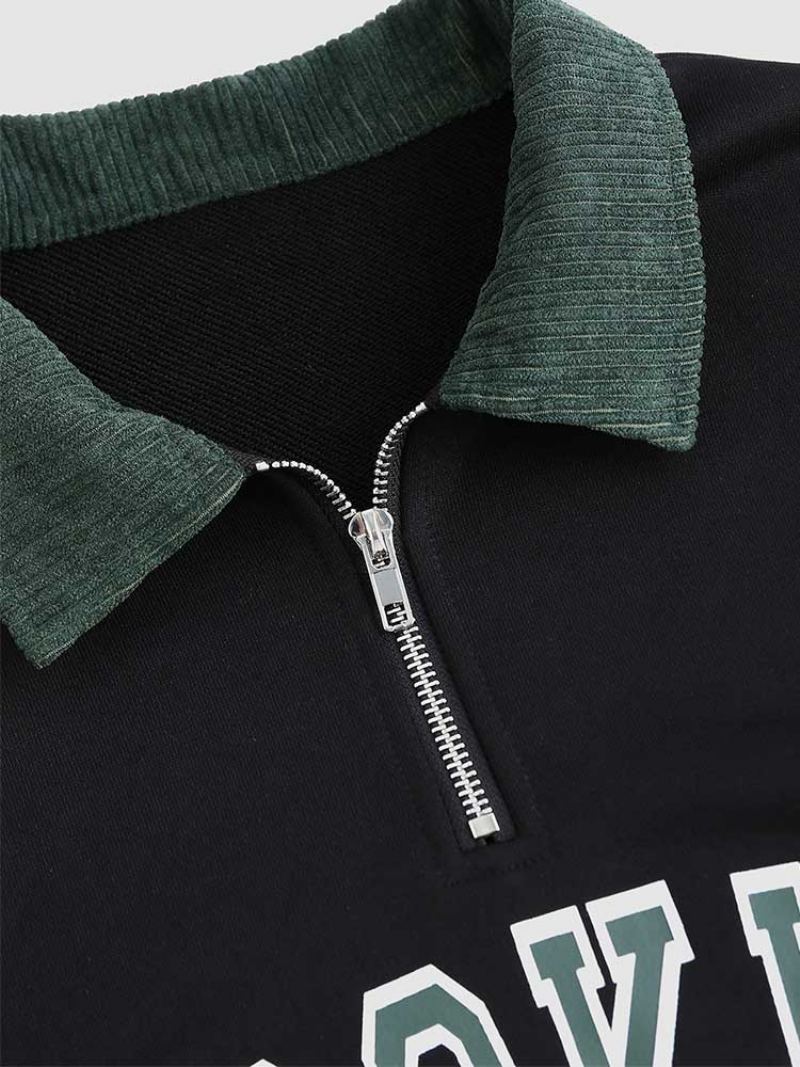 Sweats À Capuche Pour Hommes Lettre Imprimée Demi-fermeture Éclair Sweat-shirt En Velours Côtelé Décontracté Col Rabattu Pull Automne Hiver À - Noir