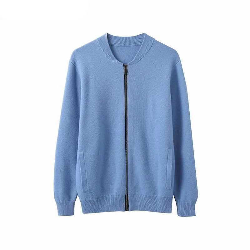 Veste En Cachemire Pour Hommes Cardigan À Fermeture Éclair Chemise À Bascule Haut De Gamme Manteau Tricoté Jeunes D'âge Moyen Pull Épais D'automne - Bleu Ciel