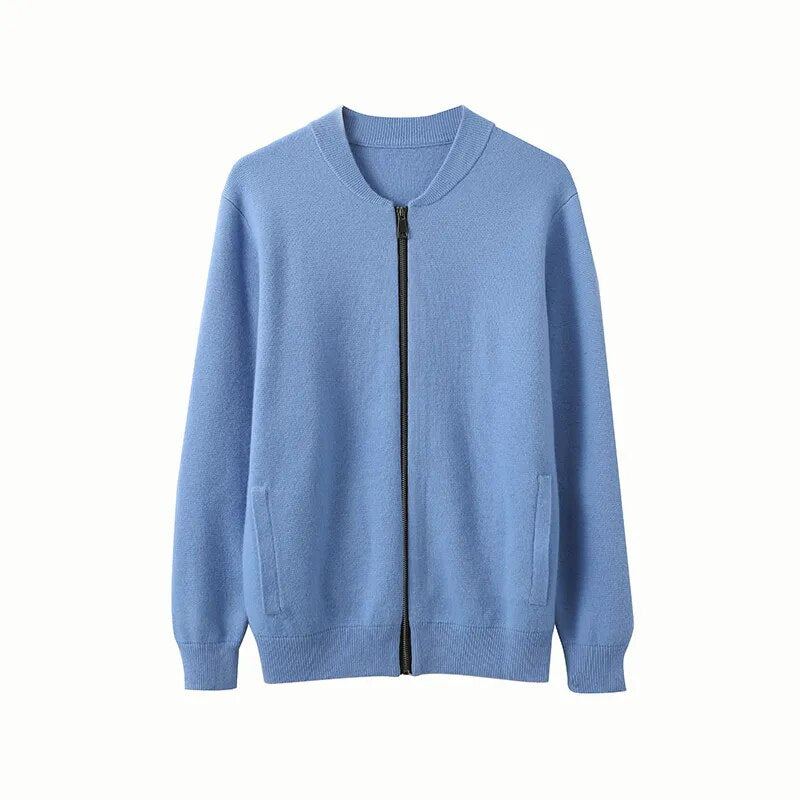 Veste En Cachemire Pour Hommes Cardigan À Fermeture Éclair Chemise À Bascule Haut De Gamme Manteau Tricoté Jeunes D'âge Moyen Pull Épais D'automne - Bleu Ciel