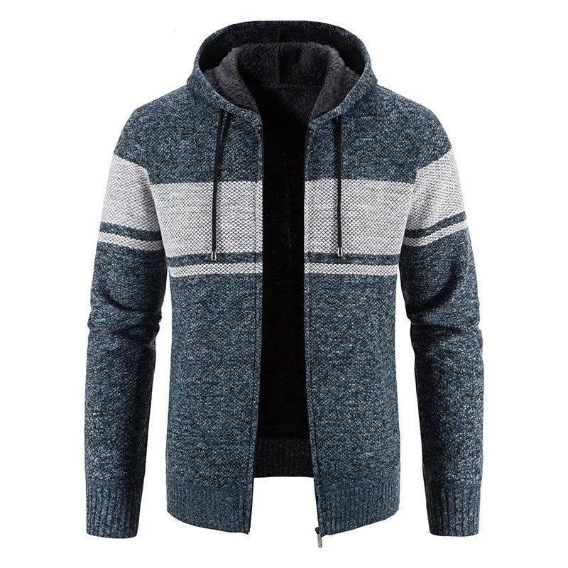 Vestes Pull Tricotées Pour Hommes Automne Et Hiver Polaire Rayée À Capuche Épaisse Garde Au Chaud Manteaux Cardigan - Noir