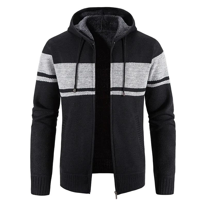 Vestes Pull Tricotées Pour Hommes Automne Et Hiver Polaire Rayée À Capuche Épaisse Garde Au Chaud Manteaux Cardigan - Noir