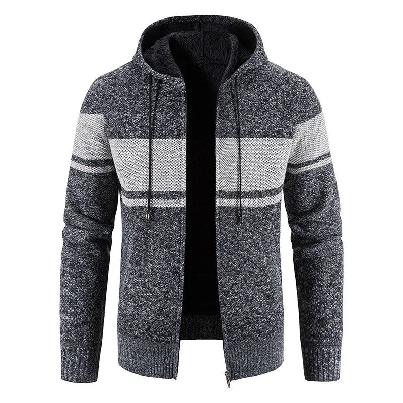 Vestes Pull Tricotées Pour Hommes Automne Et Hiver Polaire Rayée À Capuche Épaisse Garde Au Chaud Manteaux Cardigan - Noir