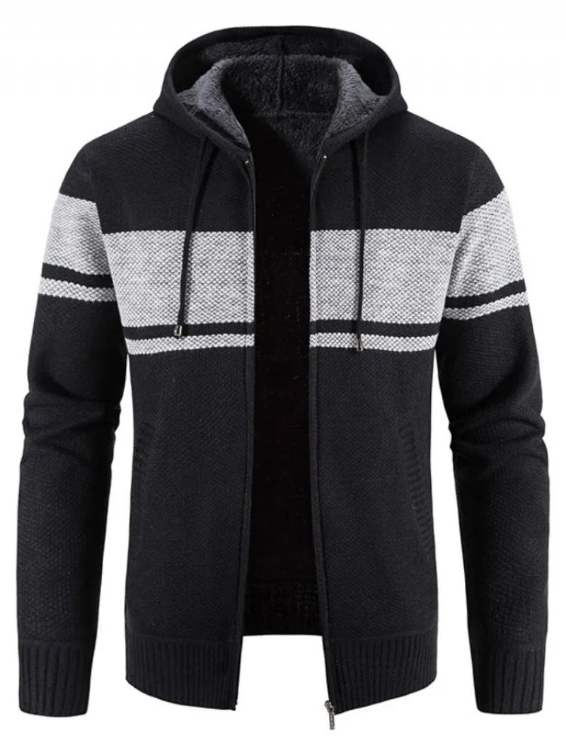 Vestes Pull Tricotées Pour Hommes Automne Et Hiver Polaire Rayée À Capuche Épaisse Garde Au Chaud Manteaux Cardigan - Noir