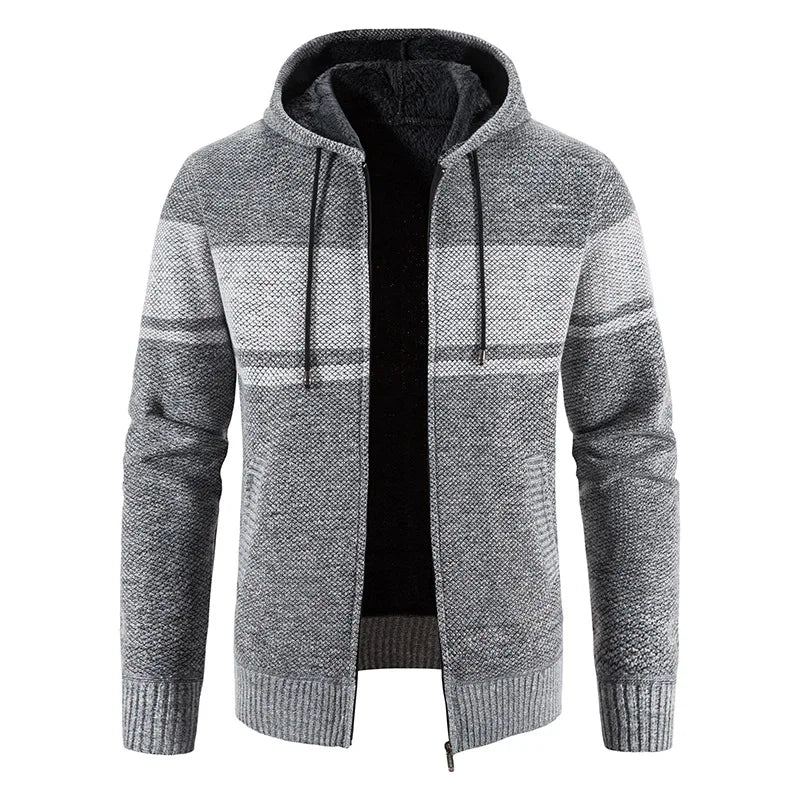 Vestes Pull Tricotées Pour Hommes Automne Et Hiver Polaire Rayée À Capuche Épaisse Garde Au Chaud Manteaux Cardigan - Noir