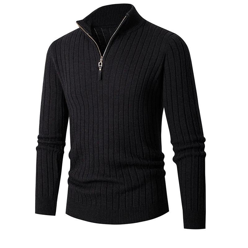 Vêtements Hommes Col Roulé Pulls Tricot Solide À Manches Longues Pull Mâle Surdimensionné Fermeture Éclair Manteaux De Base - Noir