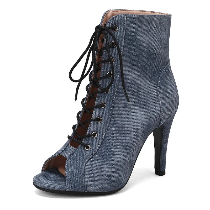 Bottes En Tissu Denim De Fête Pour Femmes Chaussures À Talons Hauts - Noir