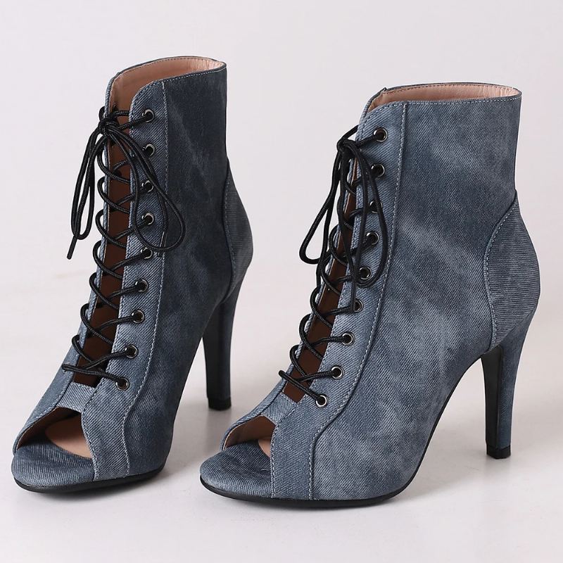 Bottes En Tissu Denim De Fête Pour Femmes Chaussures À Talons Hauts - Noir