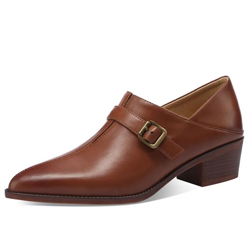 Boucle En Cuir Véritable Chaussures Simples Femme Rétro Bout Pointu Habillées Dames Épais Talons Moyens Pompes - Marron