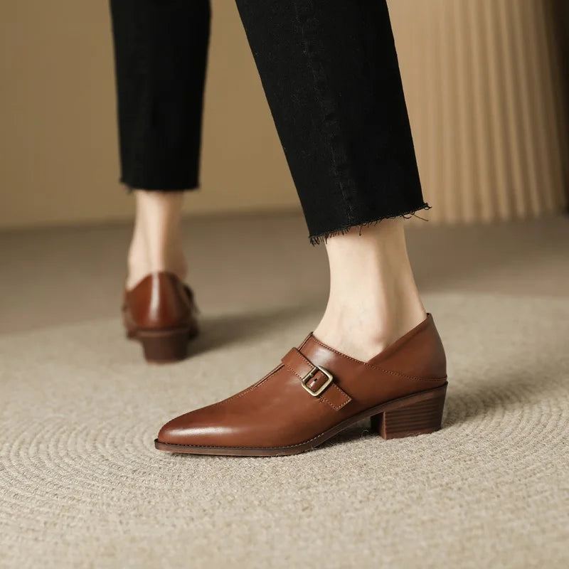 Boucle En Cuir Véritable Chaussures Simples Femme Rétro Bout Pointu Habillées Dames Épais Talons Moyens Pompes - Marron