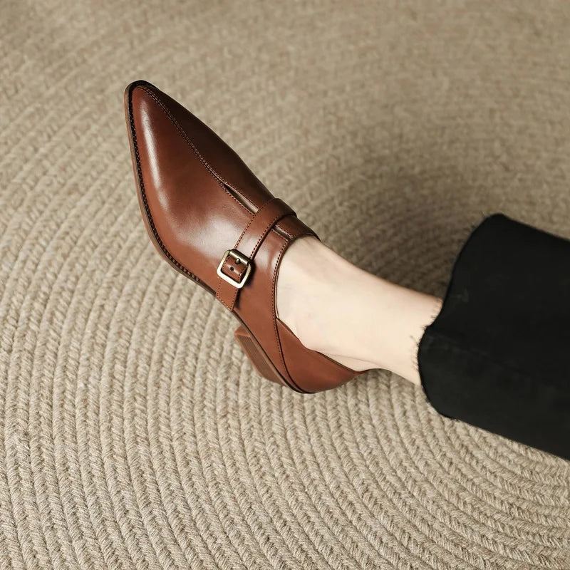 Boucle En Cuir Véritable Chaussures Simples Femme Rétro Bout Pointu Habillées Dames Épais Talons Moyens Pompes - Marron