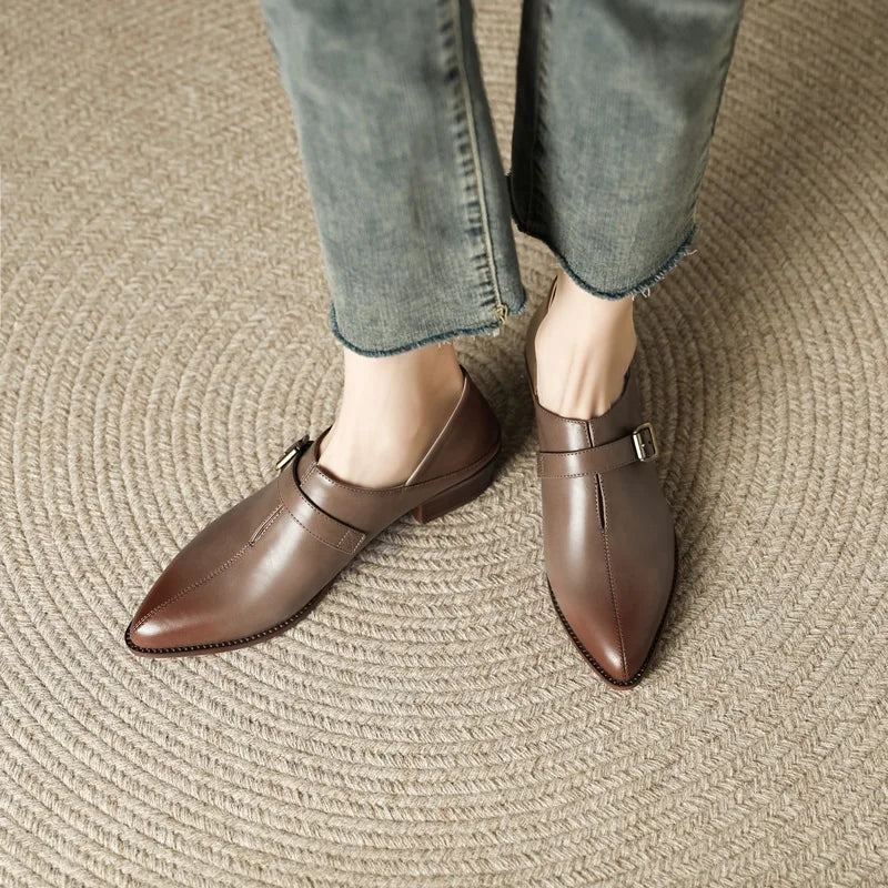 Boucle En Cuir Véritable Chaussures Simples Femme Rétro Bout Pointu Habillées Dames Épais Talons Moyens Pompes - Marron