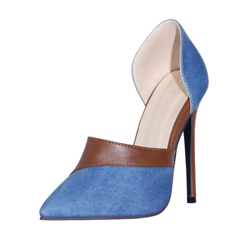 Chaussures En Denim Femmes Pompes Été Printemps Talons Hauts Bout Pointu Sans Lacet Diapositives Dame - Bleu