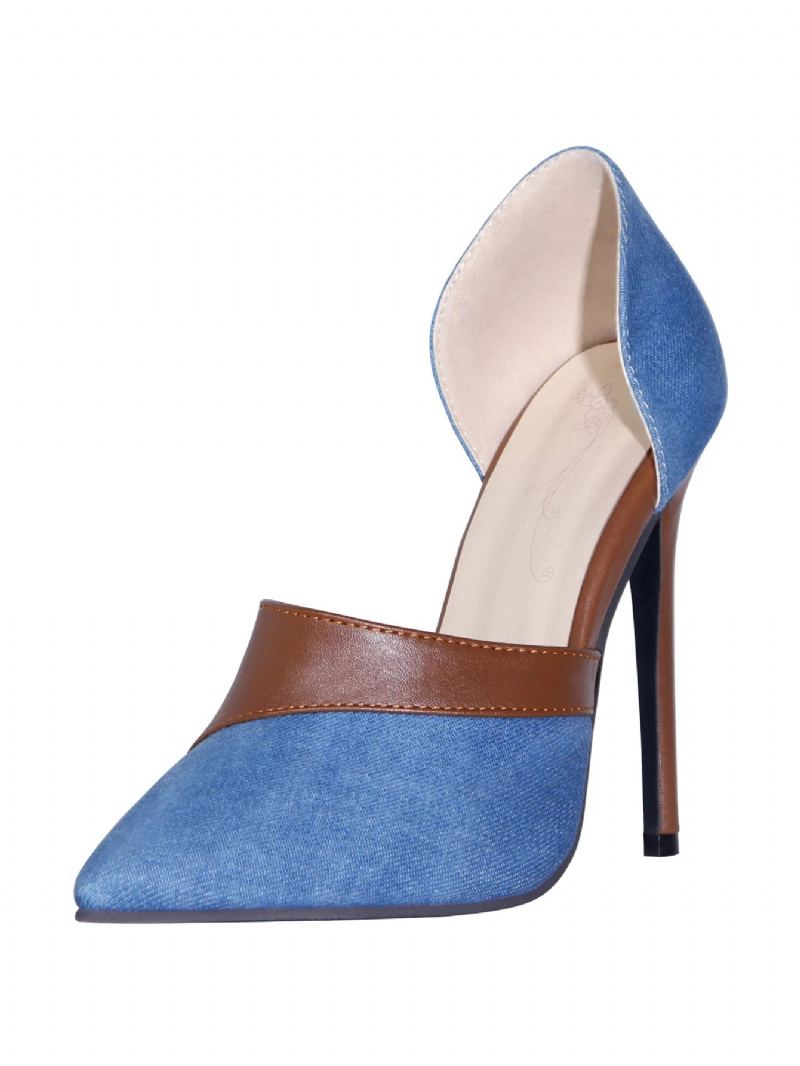 Chaussures En Denim Femmes Pompes Été Printemps Talons Hauts Bout Pointu Sans Lacet Diapositives Dame - Bleu