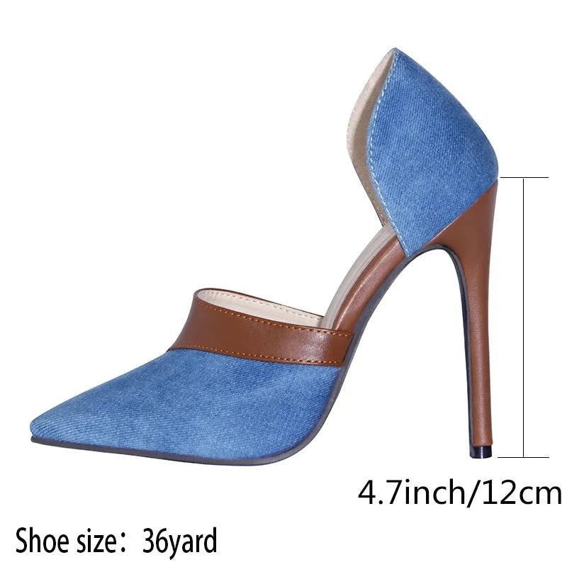 Chaussures En Denim Femmes Pompes Été Printemps Talons Hauts Bout Pointu Sans Lacet Diapositives Dame - Bleu