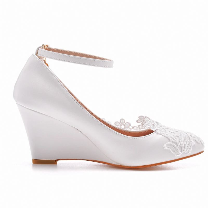 Chaussures De Mariage Pour Femmes Robe De Demoiselle D'honneur Escarpins À Talons Hauts Compensés De 8cm En Dentelle Blanche À Fleurs - Blanc