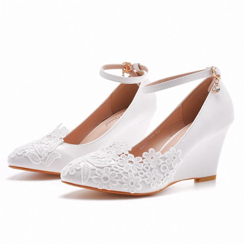 Chaussures De Mariage Pour Femmes Robe De Demoiselle D'honneur Escarpins À Talons Hauts Compensés De 8cm En Dentelle Blanche À Fleurs - Blanc