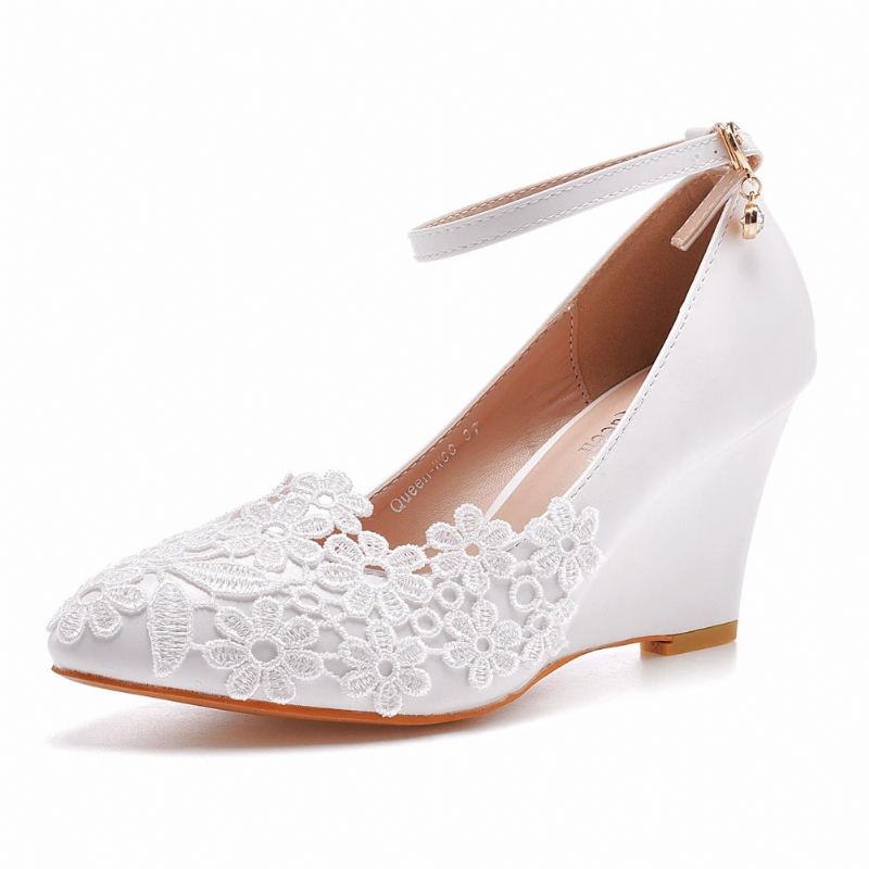 Chaussures De Mariage Pour Femmes Robe De Demoiselle D'honneur Escarpins À Talons Hauts Compensés De 8cm En Dentelle Blanche À Fleurs - Blanc