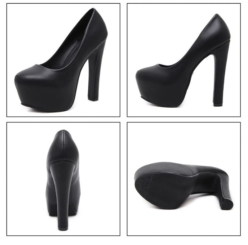 Chaussures À Talons Hauts Pour Femmes À Aiguilles En Cuir Bout Rond De Fête Classiques Noires Et Blanches - Noir