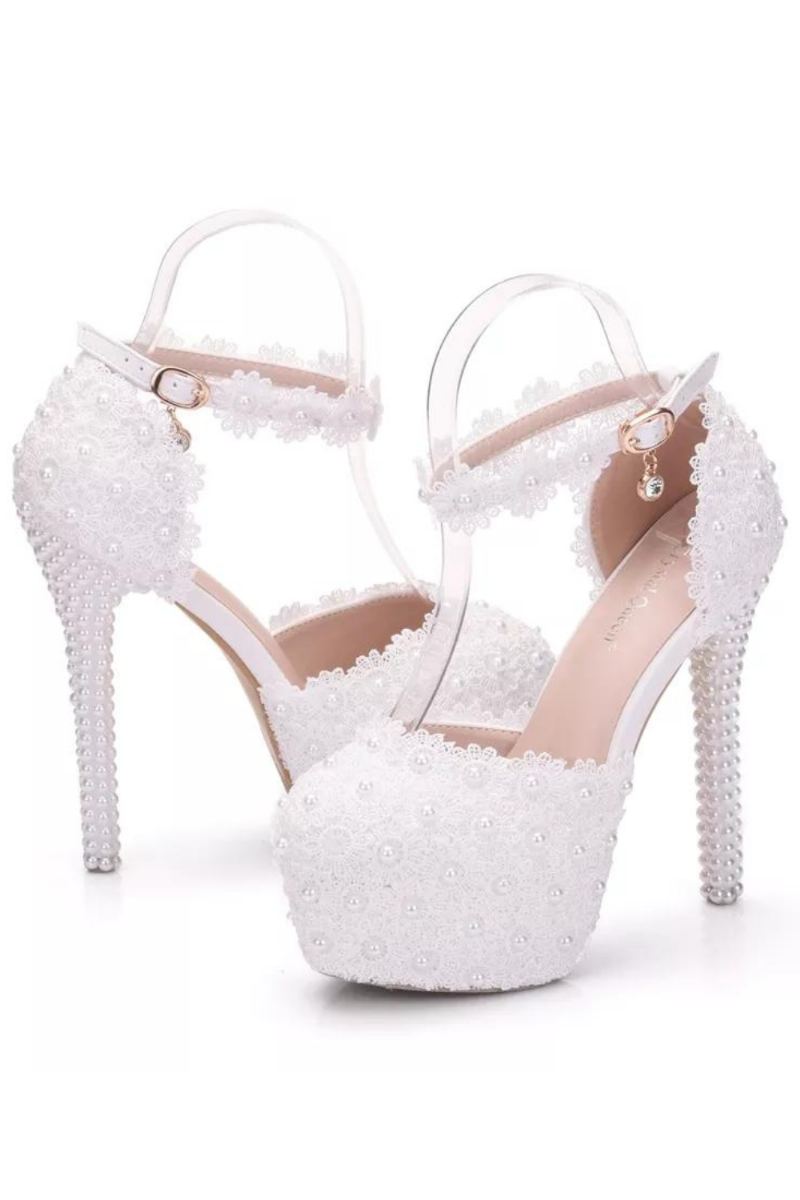 Crystal Queen – Escarpins De Mariée En Dentelle Blanche Talons Hauts De 14cm Bout Rond Lanières À La Cheville Sandales Pour Femmes Chaussures De Demoiselle D'honneur